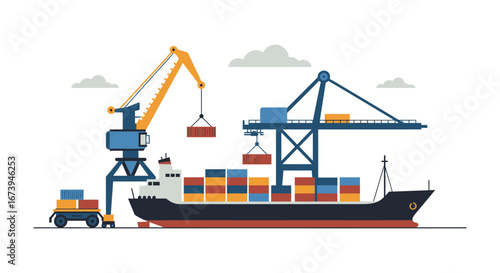 cargo ship being loaded with containers at a port facility with cranes