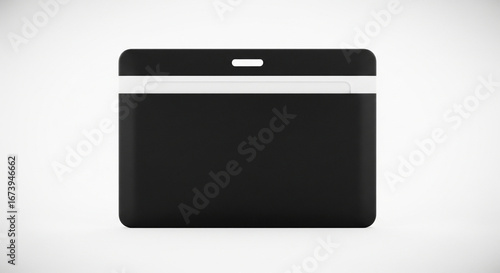 Black identification card holder with white stripe and slot for lanyard against a clean white background