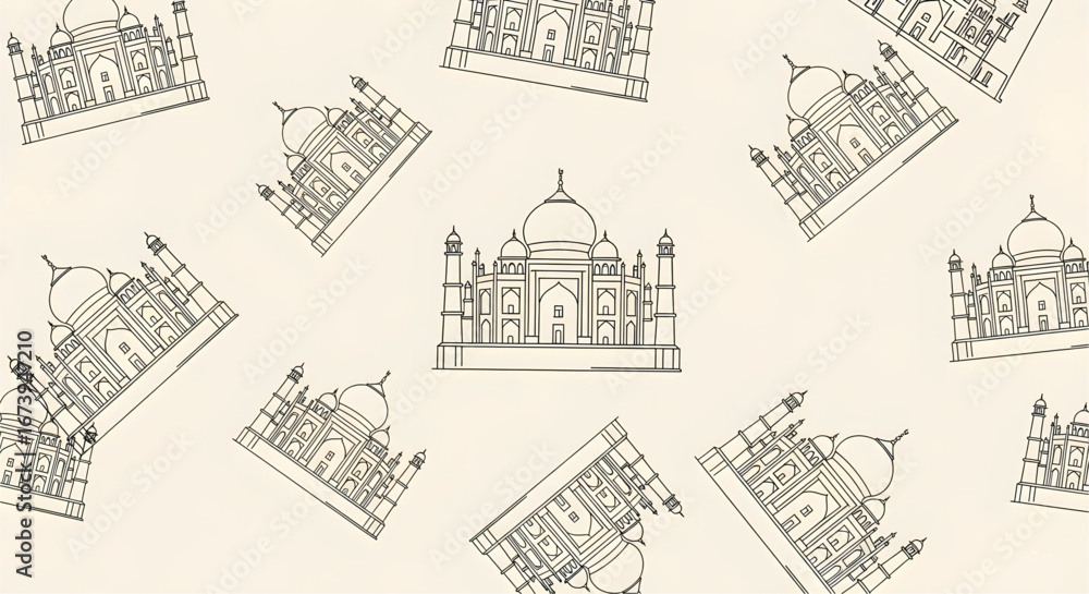 Fototapeta premium Elegant line art pattern featuring the iconic Taj Mahal creating a stylish and minimalistic Indian architectural wallpaper