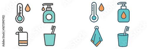 Bathroom essentials with temp indicators and accessories