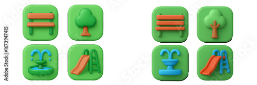 Vector illustration of park elements including benches and trees