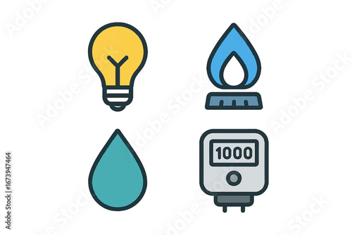 Energy conservation symbols including light bulb and water drop
