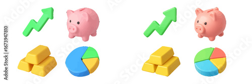 Piggy banks and investment symbols for stacking savings