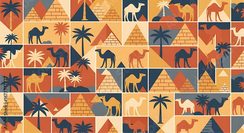 Retro geometric pattern featuring camels pyramids and palm trees evoking a stylized vintage Egyptian aesthetic for background