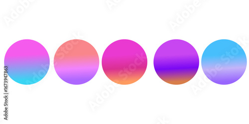 Bright colorful circle gradient set. Round blur gradation background collection. Iridescent radial blurry shape pack for poster, banner, leaflet, brochure. Vector neon fading