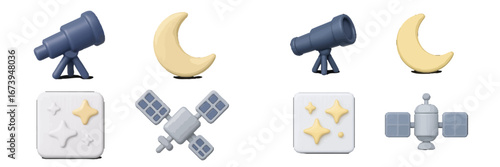 Vector icons of telescopes and satellites exploring space