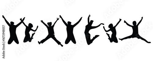 Silhouettes of a group of joyful youth jumping together in celebration. Perfect design for Youth Day, teamwork, energy, and inspiration concepts.