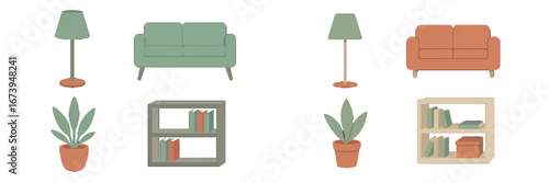 Stylish vector furniture arrangement with indoor plants and lamps