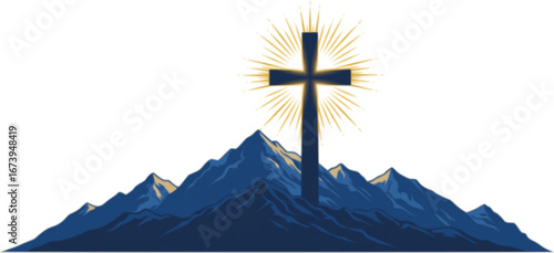 Sacred Cross: A striking visual of a cross radiates light above a majestic mountain landscape, evoking a sense of spirituality and faith.

