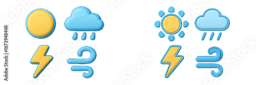 Weather icons collection featuring sun, rain, lightning, and wind