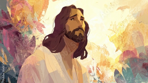Artistic Illustration of Jesus Christ with Long Hair and Gentle Expression in Soft Pastel Colors.