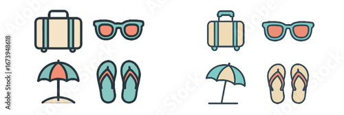 Travel essentials displayed in flat vector style for summer vacation