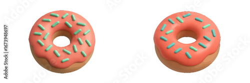Delicious pink donut with sprinkles on a white background