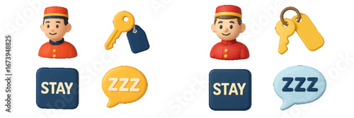 Hotel concierge with keys and speech bubbles on a white background