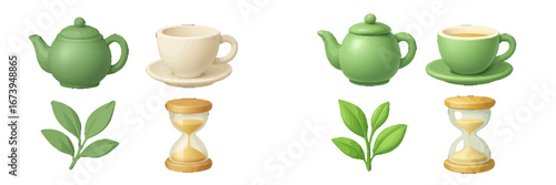 Green tea set with time symbol and leaves for relaxation
