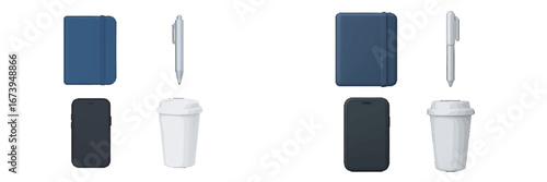 Vector illustration of office supplies and coffee cups on a desk