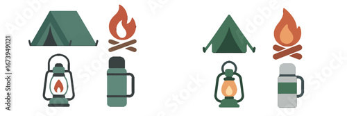 Camping gear set with tent, fire, and lantern in vector style
