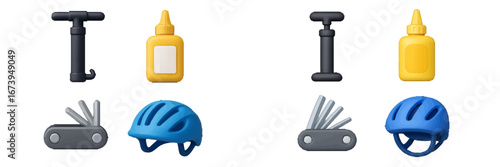 Bike repair tools and safety gear in vector illustration format