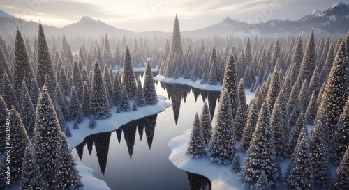 Wallpaper Mural Winter Forest with Snow Covered Christmas Trees and Calm River Torontodigital.ca