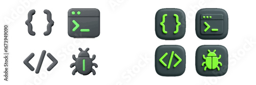 Vector art of coding symbols and bug icons for developers