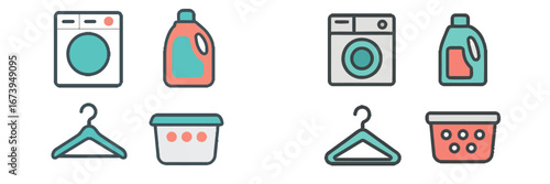 Laundry essentials including washer, detergent, hangers, and basket