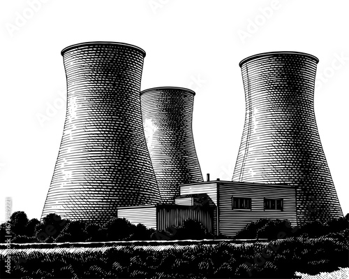 Woodcut style illustration of industrial cooling towers in black and white, representing energy production and power plants