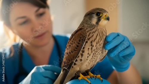 Vet examining kestrel bird.