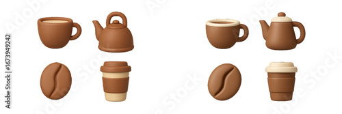 Brown ceramic coffee and tea set with cups kettles and coffee beans