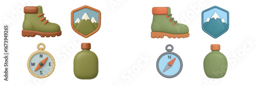 Hiking gear: boots, compass, and bottles for outdoor fun