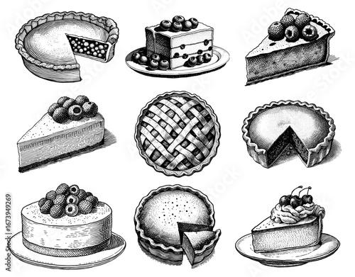 Collection of pies and cakes in vintage woodblock style, black and white,  sweet desserts and baking