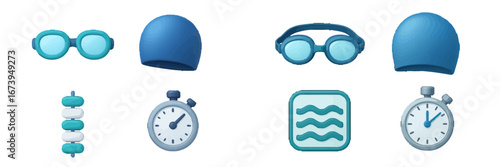 Swimming equipment setup with goggles and timing tools for training