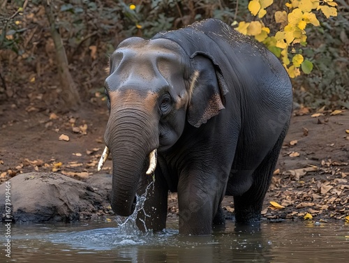 Majestic Asian Elephant Drinking Water in Forest