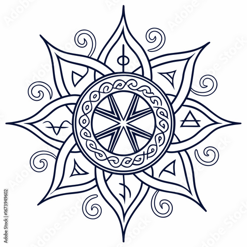 Intricate circular mandala with symbolic elements