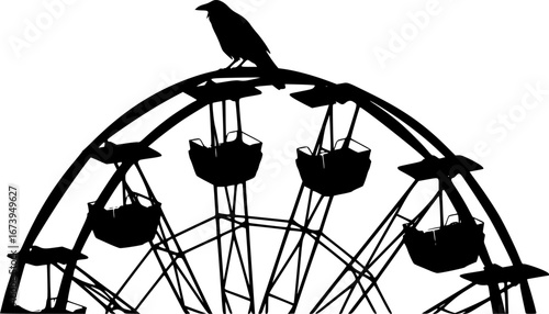Silhouette of a Raven atop Ferris Wheel: A striking monochrome image of a raven perched on the peak of a Ferris wheel, casting a shadow, symbolizing mystery and the allure of amusement.