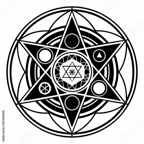 Intricate geometric star mandala with occult symbols