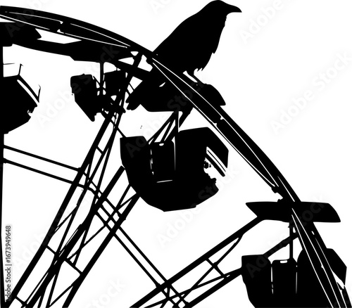 Silhouette of a Raven atop Ferris Wheel: A striking monochrome image of a raven perched on the peak of a Ferris wheel, casting a shadow, symbolizing mystery and the allure of amusement.