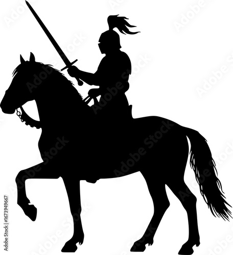 Knightly Silhouette: A dramatic silhouette of a knight astride a powerful horse, sword raised high in a classic pose of strength and valor. The image embodies the essence of courage, chivalry.