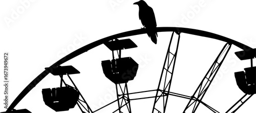 Silhouette of a Raven atop Ferris Wheel: A striking monochrome image of a raven perched on the peak of a Ferris wheel, casting a shadow, symbolizing mystery and the allure of amusement.