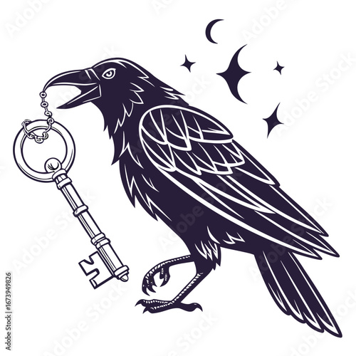 Mysterious raven holding an ornate key under a crescent moon