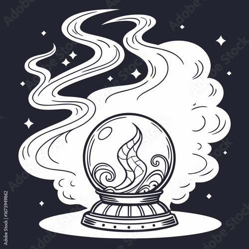 Mystical crystal ball emitting swirling smoke and stars