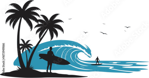 Paradise of Surf: Depicts a classic tropical beach scene with palm trees, surfers, and a surfboard ready for an exhilarating day of wave riding and sunny vibes.