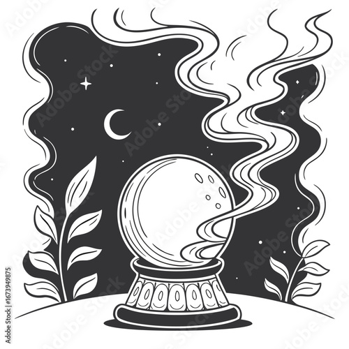 Mystical crystal ball under a starry night sky