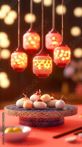 festive lanterns and sweet treats on a pedestal