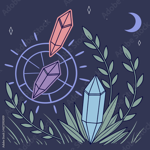 Mystical night scene with crystals and celestial elements
