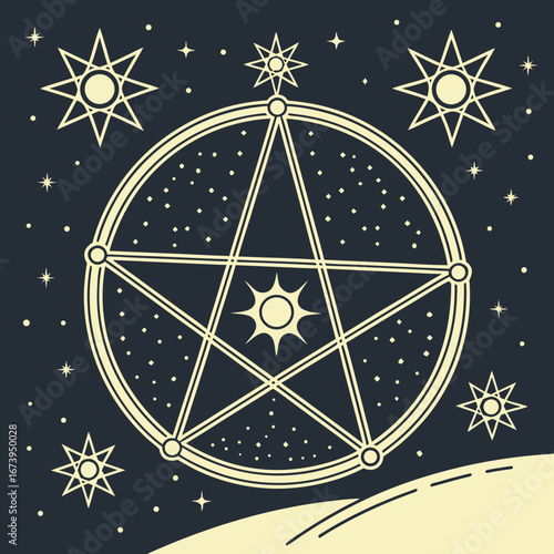 Mystical pentagram with celestial stars and sun symbol