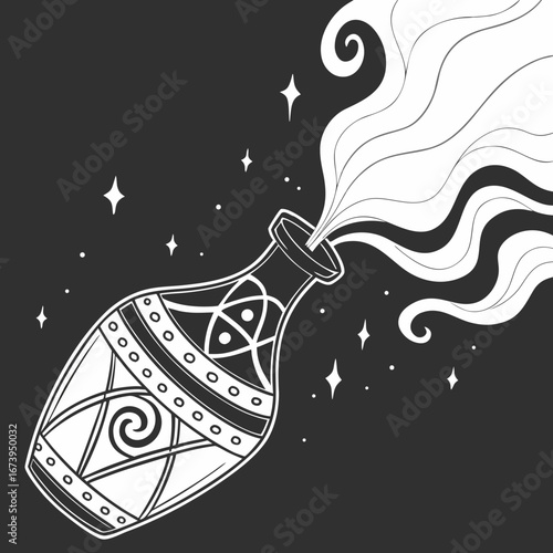 Mystical potion bottle emitting swirling smoke and stars