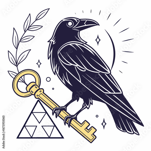 Mystical raven holds ancient key with geometric symbols