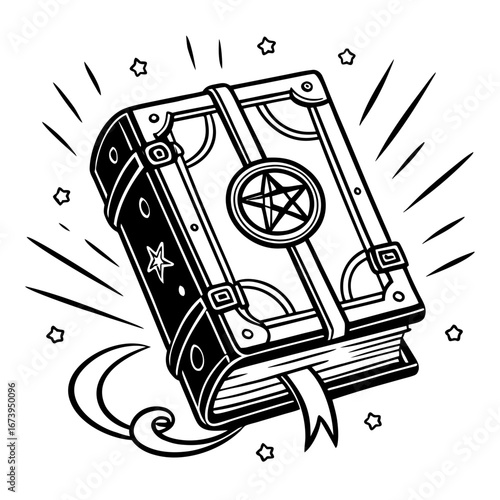 Mystical spellbook with a pentagram and celestial elements