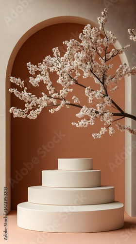 Elegant Cream Podium with Blooming Cherry Branch in Archway