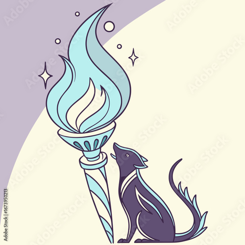 Mystical wolf gazes at a glowing ice torch